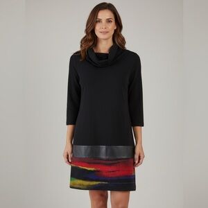 Joseph Ribkoff Cowl Neck, 3/4 Sleeve Dress w Stretch,Faux Leather Panel